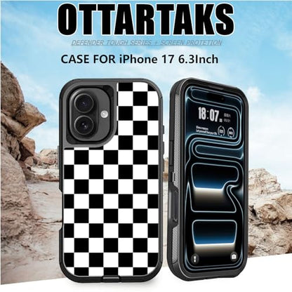 for iPhone 17 Case with Screen Protector Black and White Checkered Design, 3-Layer Rugged Heavy Duty Shockproof Protective Trend Phone Case for iPhone 17 Men Women - color: Gray
