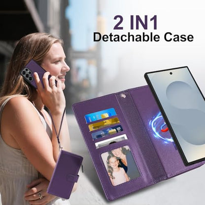 Magnetic Case for Samsung Galaxy S25 Fe Wallet Compatible with Magsafe RFID Blocking Card Holder Detachable Phone Cover Kickstand Snap Strap Zipper Pocket PU Leather (Purple) - color: Purple, size: Galaxy S25 Fe