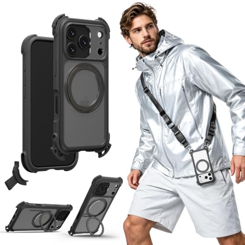 MAGEASY Odyssey Ultra MagSafe 360° Magnetic Stand iPhone 18 Pro & 17 Pro Crossbody Case with Strap for Men, 25ft Shockproof TPU + Aluminum Frame, Interchangeable Lanyard Eyelets (Midnight w/Kickstand) - color: Midnight w/ Kickstand, size: iPhone 18 Pro