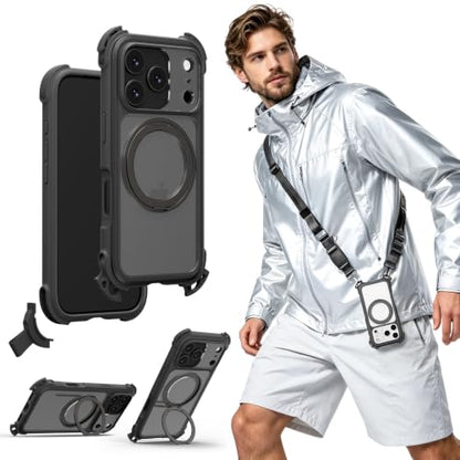MAGEASY Odyssey Ultra MagSafe 360° Magnetic Stand iPhone 18 Pro & 17 Pro Crossbody Case with Strap for Men, 25ft Shockproof TPU + Aluminum Frame, Interchangeable Lanyard Eyelets (Midnight w/Kickstand) - color: Midnight w/ Kickstand, size: iPhone 18 Pro