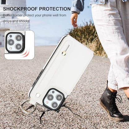 Folosu for iPhone 15 Pro Max Wallet Case with Card Holder, Hand Wrist Strap Loop Holder Kickstand, RFID Blocking Finger Grip Ring PU Leather Double Buttons Shockproof Cover 6.7" White - color: White