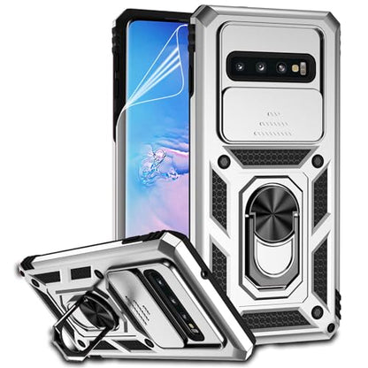 for Samsung Galaxy S10 Plus Case with Camera Lens Cover HD Screen Protector, Military-Grade Drop Tested Magnetic Ring Holder Kickstand Protective Phone Case for Samsung Galaxy S10+ Plus (Silver) - color: Silver with camera cover Military-Grade 2nd gen