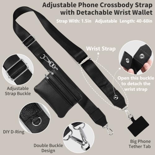 2pcs Clip and Go Strap for Phone with Wallet Crossbody Strap with Pouch - color: 2 Black