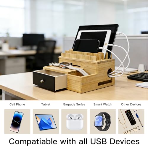 Bamboo Charging Station Organizer with Drawer and Pen Holder