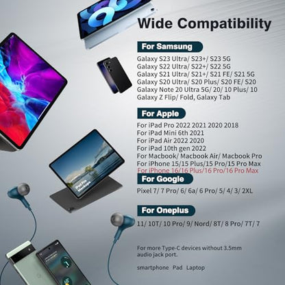 USB C Headphones for iPhone 18 Pro Max 17 16 15/Galaxy S26 FE Wired Earbuds - color: Lake-Blue