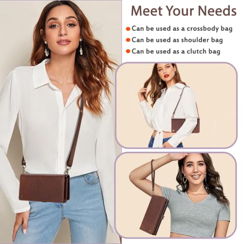 for Wallet Case Compatible with iPhone 15 Pro Max,Multi-Function Detachable 2 in 1 Magnetic iPhone 15 Pro Max Case Wallet,Flip Strap Zipper Card Holder Phone Case with Shoulder Straps(Brown) - color: Brown, size: iPhone 15 pro max