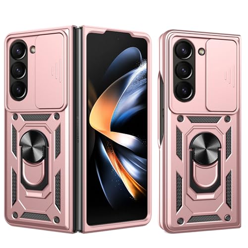 RKINC Case for Samsung Galaxy Z Fold 5 Case with Slide Camera Cover & Rotated Ring Kickstand Military Grade Shockproof with Magnetic Car Mount Holder Cover, Rose Gold - color: Rose Gold, size: Samsung Z Fold 5