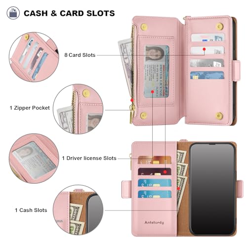 Antsturdy for iPhone 17 Pro Max Phone Wallet Case Women,Pink | RFID Blocking,with Credit Card Holder Slots,PU Leather Purse,Zipper Pocket,Wrist Strap Kickstand,Flip Folio Cover for Men - color: Pink
