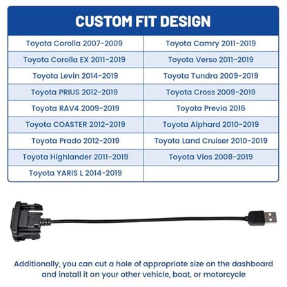Anina USB Port Car Charger for Toyota, Male to Female USB Power Socket Adapter, Panel Flush Mount Extension Cable for Camry RAV4 Corolla Highlander, Square Vehicle Dash Port for IOS Android (34*23mm)