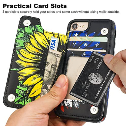 HAOPINSH iPhone SE(2022)/SE(2020)/7/8 Wallet Case with Card Holder, American Flag Flowers Flip Folio PU Leather Kickstand Card Slots, Double Magnetic Clasp Cover 4.7 - color: American Flag Sunflowers