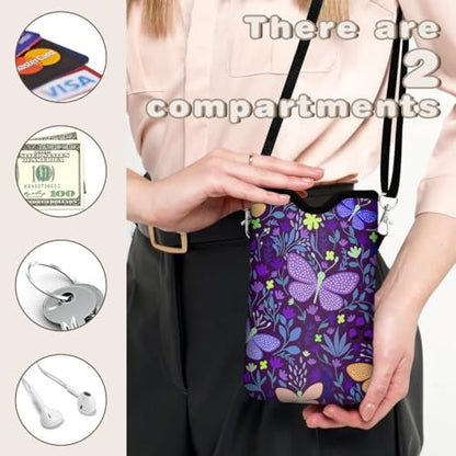 Universal Phone Sleeve Pouch with Crossbody Strap 7.6 X 4.3 Inches Shockproof Water Resistant Mobile Protection Bag-Purple Butterfly Neoprene Phone Pouch Bag - color: Purple Butterfly-Phone Pouch