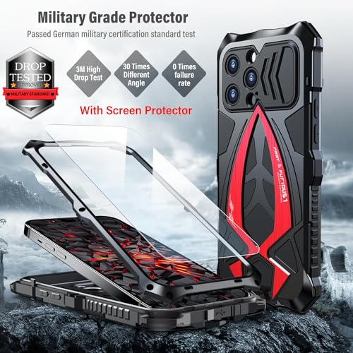 Military Grade Phone Case for iPhone 13 - Black + Red | Armor Heavy Duty, Full Body Cover, Aluminium Bumper, Built-in Silicone Shockproof Dustproof with Screen Protector - color: (13) Black + red