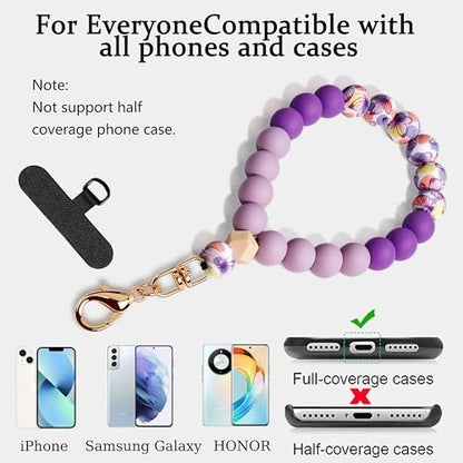 Silicone Beaded Phone Wrist Strap for Women, Elastic Wristlet - color: Purple