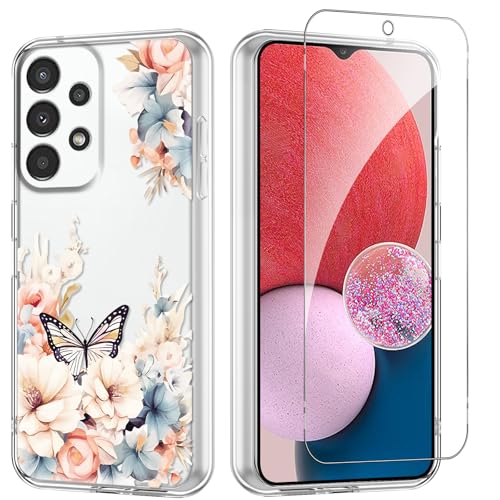 Flower Phone Case Floral for Samsung Galaxy A13 （4G） 6.6'' with Screen Protector, Clear Transparent Phone Cover Slim Soft Shockproof Anti-Scratch Drop Protection Funda for Girls Women - color: Yellow Peony, size: Samsung Galaxy A13 （4G）