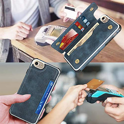 iCoverCase Compatible with iPhone SE(2022)/SE(2020)/7/8/6/6s Wallet Case with Card Slots Holder and Wrist Strap Premium PU Leather Kickstand Magnetic Clasp Shockproof Flip Cover Case (Blue) - color: Blue