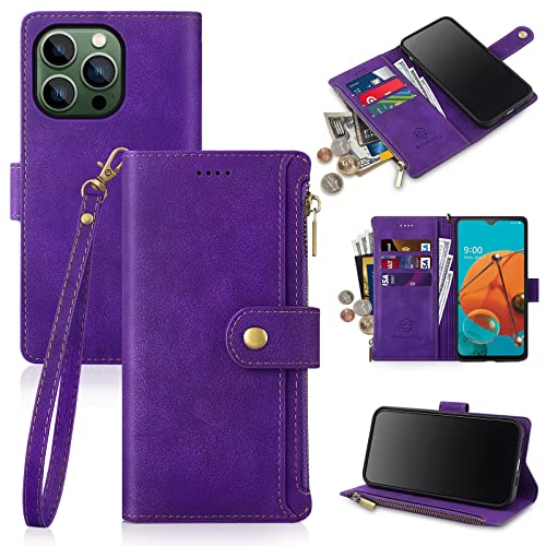 Antsturdy for iPhone 13 Pro Phone Wallet Case Women,(Purple) | RFID Blocking,with Credit Card Holder Slots,PU Leather Purse,Zipper Pocket,Wrist Strap Kickstand,Flip Folio Cover for Men - color: Z - Purple