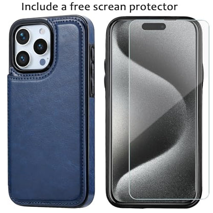 Wallet Case Compatible with iPhone 15 Pro Max(6.7"),Slim Protective case with Card Holder,Premium PU Leather Kickstand Card Slots Case with 1 Screen Protective Glass-Deep Blue - color: Deep Blue