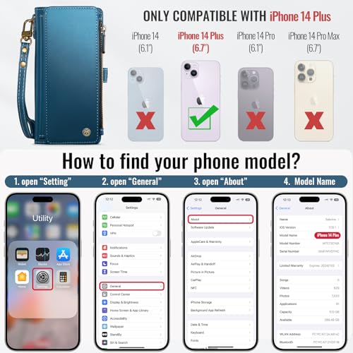 Defencase for iPhone 14 Plus Wallet Case with RFID Card Holder, Dark Blue | Durable Soft PU Leather, with Zipper Pocket, Wrist Strap, Fashion Snap Flip Phone Cases Cover with Stand for Women and Men - color: Dark Blue