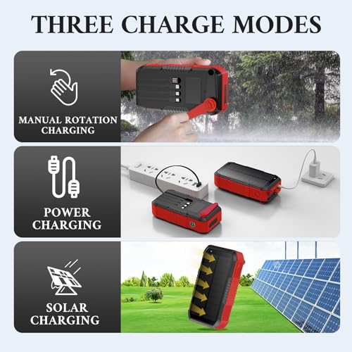 Solar Power Bank 66800mAh Built in Hand Crank for Camping and Hiking - color: red