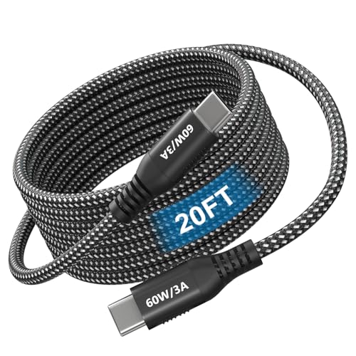 20FT USB C to USB C Cable, 60W Fast Charging, Extra Long, USB 2.0 Data - color: 60W 20FT USB C to USB C Cable (Black)