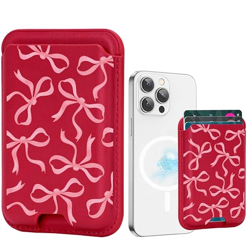 for Magsafe Wallet, Magnetic Wallet Card Holder for iPhone 17/16/15/14/13/12 Pro/Max/Plus/Mini Case, Leather Magnet Phone Pocket Cute Design Credit Card Fit 3 Cards, Red Ribbons Bow Tie - color: Red Ribbons Bow Tie