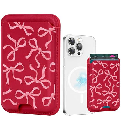 for Magsafe Wallet, Magnetic Wallet Card Holder for iPhone 17/16/15/14/13/12 Pro/Max/Plus/Mini Case, Leather Magnet Phone Pocket Cute Design Credit Card Fit 3 Cards, Red Ribbons Bow Tie - color: Red Ribbons Bow Tie