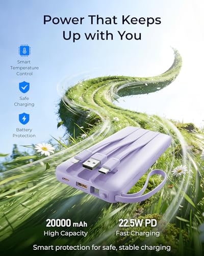 VRURC Portable Charger 4-Built-in-Cable Fast Charging 20000mAh Power Bank - color: Purple