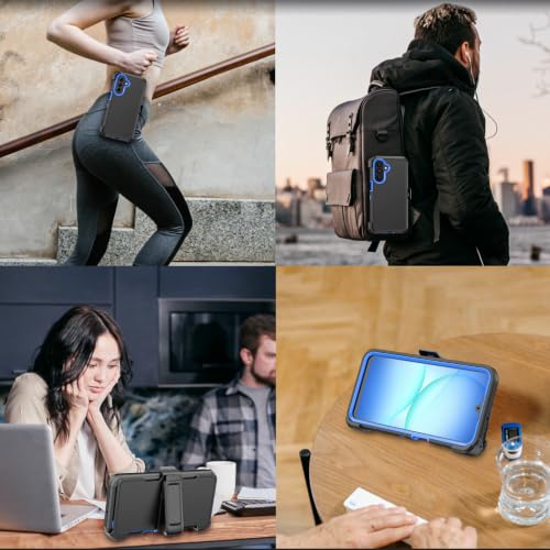 Rugged Phone Case for Samsung Galaxy A18/A17 | Belt Clip Holster & Kickstand Heavy Duty Shockproof Protective Full Body Case (Black+Blue) - color: Black+Blue