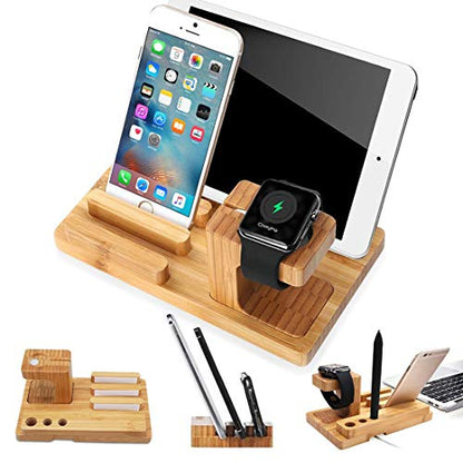 Bamboo Wood Multi-Device Desktop Charging Dock Station Charger Holder Cradle Charge Stand for iPhone 16 15 14 13 12 11 Pro Max iWatch 2 3 4 5 Compatible with iPad Mini Air Pro 2 3 Smartphones