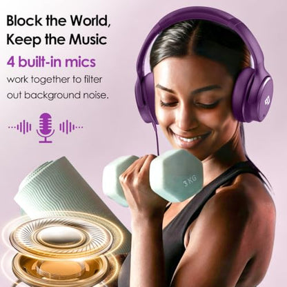 USB C Headphones Wired Active Noise Cancelling 28dB Over Ear-Purple - color: Purple