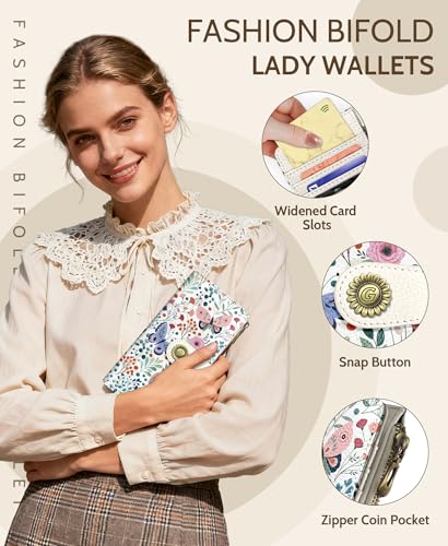 GIANCOMICS Butterfly Womens Wallet RFID Blocking, Credit Card Holder Bifold | Billfold, Cute Cash Purse, Travel Zipper Coin Pocket, Compact Clutch, PU Leather, ID Window, 11 Card Slots, Ladies Gift Woman - color: Butterflies and Flowers