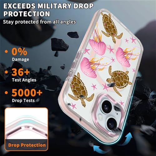 VisEnt Clear Case for iPhone 15, Magnetic Phone Case, Transparent Slim Cover, Military Grade Protection, Shockproof, Anti-Yellowing, Scratch Resistant, Pink Jellyfish Sea Turtle - color: Pink Jellyfish Sea Turtle, size: Iphone 15