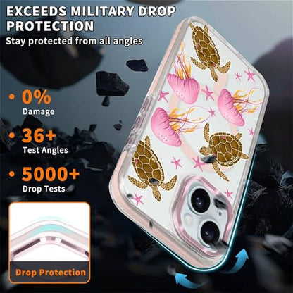 VisEnt Clear Case for iPhone 15, Magnetic Phone Case, Transparent Slim Cover, Military Grade Protection, Shockproof, Anti-Yellowing, Scratch Resistant, Pink Jellyfish Sea Turtle - color: Pink Jellyfish Sea Turtle, size: Iphone 15