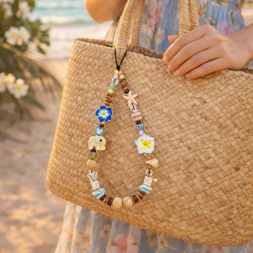 Cute Beaded Camera Wrist Strap for Phone, Digital Camera Charm Lanyard, Pearl Beaded Chain for Bag Keychain Gift - color: Hibiscus