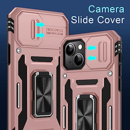 DEERLAMN Case for iPhone 13/iPhone 14 6.1-Inch with Slide Camera Cover+Screen Protector(2 Packs),Rotated Ring Kickstand Military Grade Shockproof Protective Cover-Rose Gold - color: Rose Gold