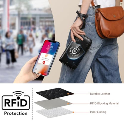 yiijay Womens Wallet RFID Blocking Large Capacity Vegan Leather Double Zip Wristlet Wallet Card Holder Travel Ladies Clutch - color: Black