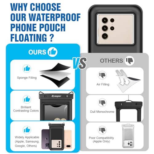 Rynapac Waterproof Phone Pouch Floating [Up to 8.5''], 2 Pack IPX8 Dry Bag | Touchscreen & Underwater Photography, Adjustable Lanyard, for iPhone 17 16 15 14 Pro Max, Gglaxy S25, Beach Cruise Essentials - color: Black + Black, size: Regular Size [8.5inch]