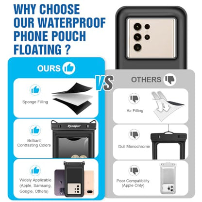 Rynapac Waterproof Phone Pouch Floating [Up to 8.5''], 2 Pack IPX8 Dry Bag | Touchscreen & Underwater Photography, Adjustable Lanyard, for iPhone 17 16 15 14 Pro Max, Gglaxy S25, Beach Cruise Essentials - color: Black + Black, size: Regular Size [8.5inch]