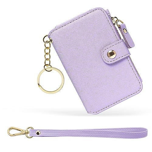 M-Plateau RFID Blocking Keychain Wallet With Leather Wrist Strap | Keychain Wristlet, Womens Card Holder with Zipper Coin Pocket and ID Window - color: Lavender