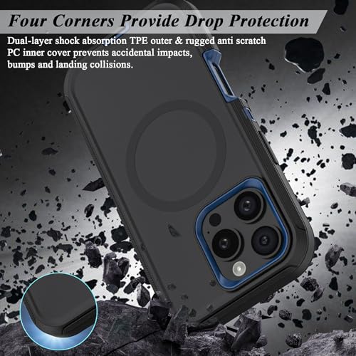 Compatible with iPhone 16 Pro Max Case, with Belt Clip Holster Heavy Duty Magnetic Wireless Charging Full Body Protection Kickstand Cover for iPhone 16 Pro Max 6.9 inch Phone(Black+Blue) - color: Black+Blue