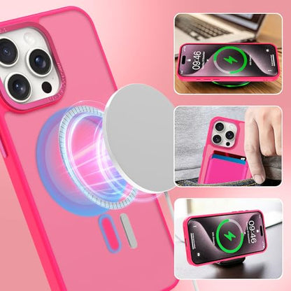 Magnetic Designed for iPhone 15 Pro Case 6.1" 2023, Hot Pink | [Compatible with Magsafe] [with Wallet & Card Holder] [Military Drop Protection] Slim Translucent Matte Phone Case - color: Hot Pink, size: iPhone 15 Pro