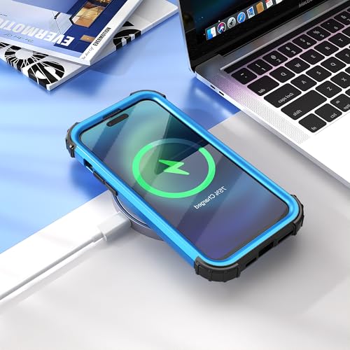 IDweel for iPhone 15 Case with Screen Protector,Luxury 3 in 1 Shockproof Slim Fit Hybrid Heavy Duty Protection Glitter Hard PC Cover Soft Silicone Bumper Full Body Case,Sky Blue - color: Sky Blue