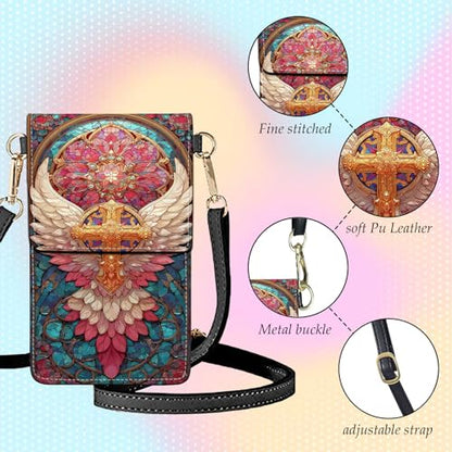Small Crossbody Bags for Women Touchscreen Cell Phone Bag Cross Body Purses with adjustable Strap,Gifts For Teenage Girls - color: Stained Glass Wings Cross