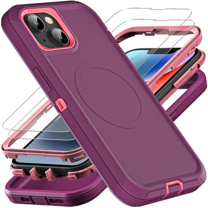 YKHJKLEC for iPhone 13/iPhone 14 Case, Compatible with Magsafe, 3 in 1 Heavy Duty Shockproof/Drop Proof/Dust Proof Case with 2Pcs Tempered Glass Screen Protector (New-Purple/Pink) - color: New-Purple/Pink