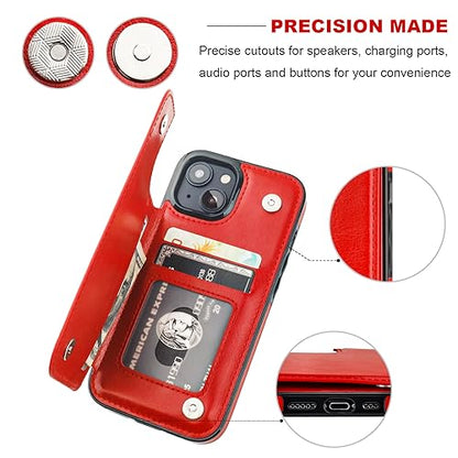 ONETOP for iPhone 15 Wallet Case with Credit Card Holder,Red | Kickstand,ID/Cash Holder,Case Wallet with Card Slots,Double Magnetic Clasp,Durable PU Leather Shockproof Cover for Women Men - color: Red