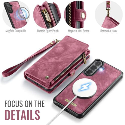 Compatible with Samsung Galaxy S26 5G Wallet Case with Magsafe with Zipper & Card Holder Strap Wristlet Detachable Magnetic Protective Back Case for Samsung Galaxy S26 5G 6.3 Inch (Red) - color: (Detachable and Magsafe)-Red, size: S26 6.3 Inch