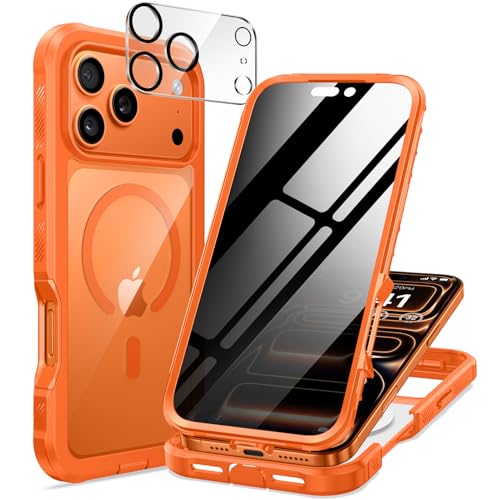 seacosmo for iPhone 17 Pro Max Case, Full Body Bumper with Built-in Tempered Glass Privacy Screen and Camera Lens Protector, Compatible with MagSafe, Shockproof 17 Pro Max Phone Case, 6.9", Orange - color: Orange, size: iPhone 17 Pro Max 6.9"