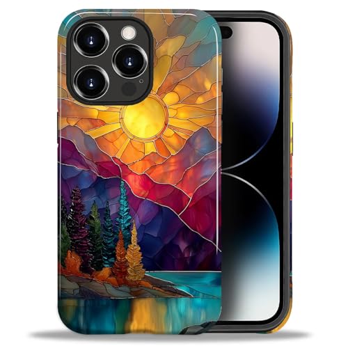 DAIZAG Case for iPhone 14 Pro,Mountain Range Sunrise Stained Glass Full-Body Design Hybrid Dual Protection Soft TPU Hard PC Shockproof Scratch-Resistant Protective Cover Phone Case for Men Women - color: Mountain Range Sunrise Stained Glass, size: iPhone