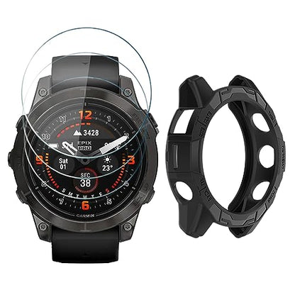 Screen Protector for Garmin Epix pro 47MM/Fenix 7 Solar and Protective Case | HUADU,9H Tempered Glass Film,Anti-Scratch,High Definition,Full Coverage, Soft TPU Cover - size: Garmin EPIX pro 47MM