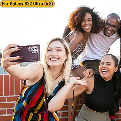 Case is Specially Designed for Galaxy S22 Ultra 6.8 Inch, Full Body Protection Heavy Duty Shock Absorbing 3 in 1 Silicone Rubber Built-in Stand with 1 Tempered Screen Protectors-Wine/Pink - color: Wine/Pink